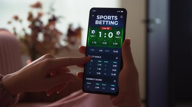 Making online bet on sports betting app. Watching live football score broadcast on a gambling smartphone application and gambling. Internet gambling concept. Fictional Interface.
