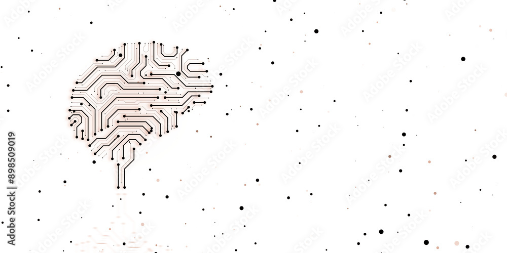 Aufkleber An abstract brain design formed by circuits with scattered black and pink dots on a white background. Concept of technology and innovation. 3D Rendering