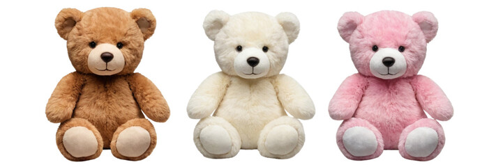 Fototapeta premium Three adorable teddy bears in brown, beige, and pink on a white background. Perfect for toy stores, baby showers, or gifts.
