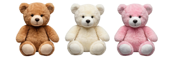 Three adorable teddy bears in brown, beige, and pink on a white background. Perfect for toy stores, baby showers, or gifts.