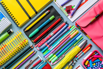 Photo of various school supplies. Objects include books, pencils, rulers, and notebooks, creating an educational and colorful theme. The background is ideal for educational and school promotions