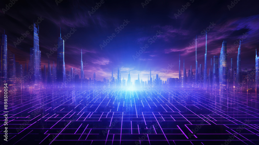 Wall mural blue background with an 80s style city image.