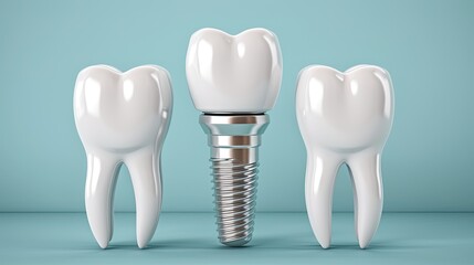 A dental implant crown with a screw-like base is positioned between two natural teeth on a blue background
