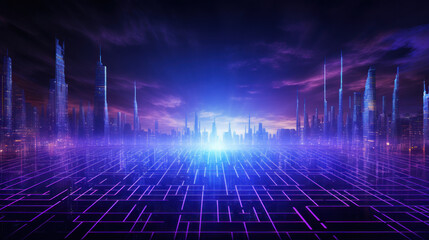 Blue background with an 80s style city image.