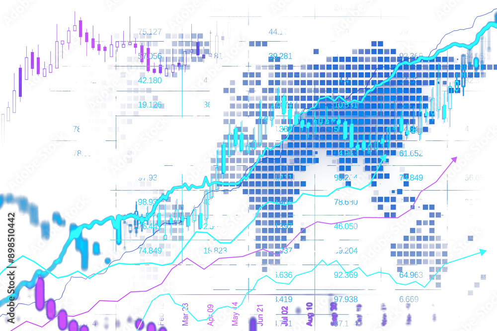 Poster A collection of colorful financial graphs and charts on a transparent background. Represents financial data and trading analysis. 3D Rendering