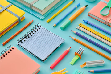 Photo of various school supplies. Objects include books, pencils, rulers, and notebooks, creating an educational and colorful theme. The background is ideal for educational and school promotions