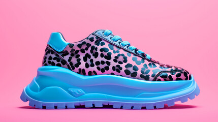 Animal print platform sneakers on pink background. Fashion shoes concept.