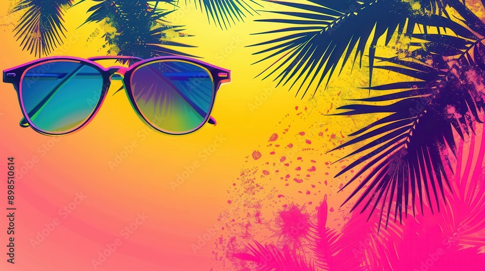 Poster sunglasses with blue lenses and a black frame are set against a colorful background featuring palm l