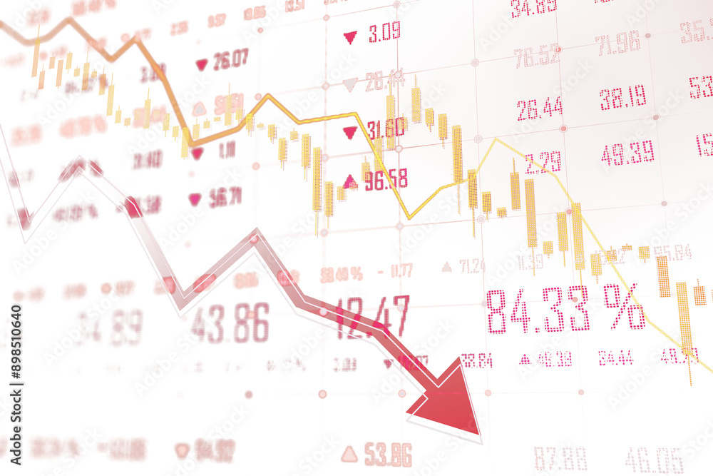 Poster a financial chart displaying a downward trend with a prominent red arrow, indicating a market declin