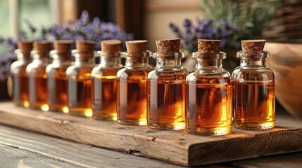 A row of glass bottles with cork stoppers on a wooden table