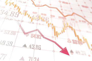 Obraz premium Illustration of a downward trend on a financial stock market chart, featuring a red arrow pointing downwards. Concept of financial crisis and decline. 3D Rendering.
