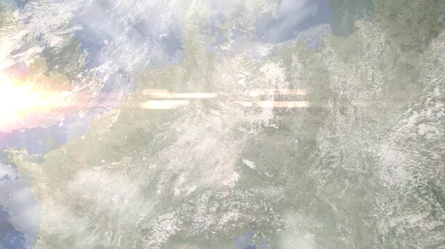 Earth zoom in from space and focus on Jena, Germany. Background for travel intro or blog. Satellite view. 3D style Animation. Images from NASA.