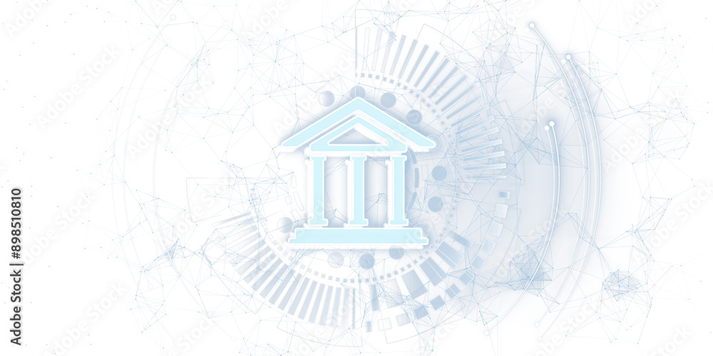 Aufkleber Digital icon of a bank surrounded by an abstract network of interconnected lines and nodes. 3D Rendering