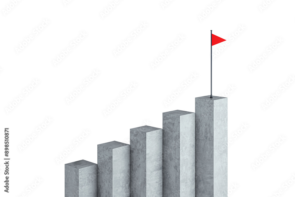 Poster concrete stair steps arranged progressively higher, ending with a red flag on the highest step. isol