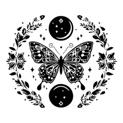 Bohemian Celestial butterfly tattoos, Silhouette Mystical occult symbols moth illustration.