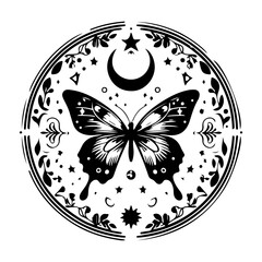 Bohemian Celestial butterfly tattoos, Silhouette Mystical occult symbols moth illustration.