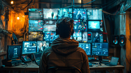 Cybersecurity Expert Analyzing Threats on Multiple Screens in Dark Room