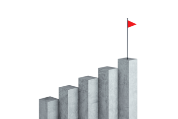 Concrete stair steps arranged progressively higher, ending with a red flag on the highest step. Isolated on a white background, concept of success. 3D Rendering