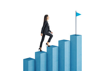 Businesswoman in a suit climbing a blue bar graph with a flag at the top. Isolated on a white background. Concept of career growth and success