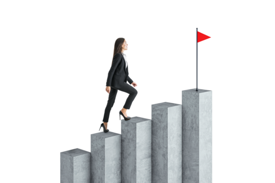 Businesswoman climbing concrete growth chart stairs towards a red flag, symbolizing success. Isolated on a white background, concept of career growth