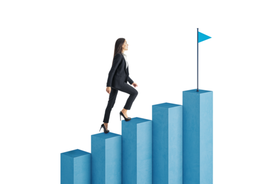 Businesswoman in a suit climbing a blue bar graph with a flag at the top. Isolated on a white background. Concept of career growth and success