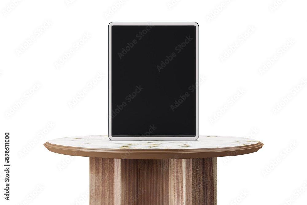 Poster a digital tablet with a blank black screen standing on a wooden pedestal with a marble top, isolated