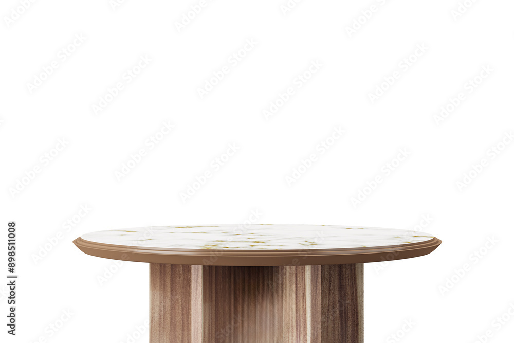 Poster Modern round wooden table with a marble top isolated on a white background. Clean and minimalist design concept. 3D Rendering