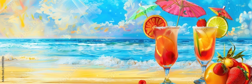 Poster two colorful cocktails garnished with fruit and small umbrellas sit on a wooden table, overlooking a