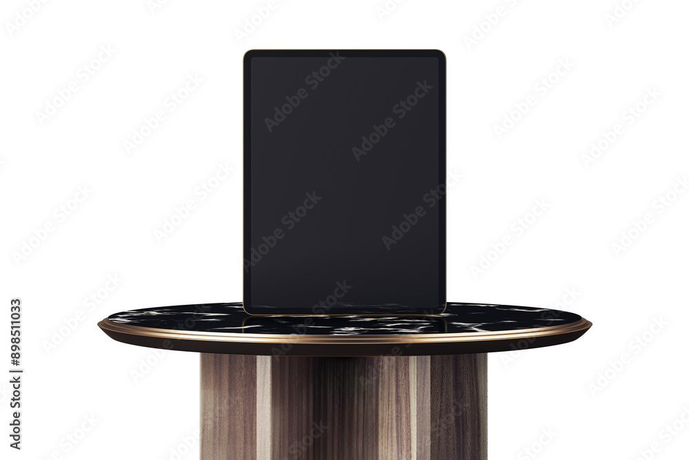 Poster A digital tablet with a black screen is placed on a stylish wooden pedestal with a marble top, isolated on a white background. Concept of technology and product display. 3D Rendering