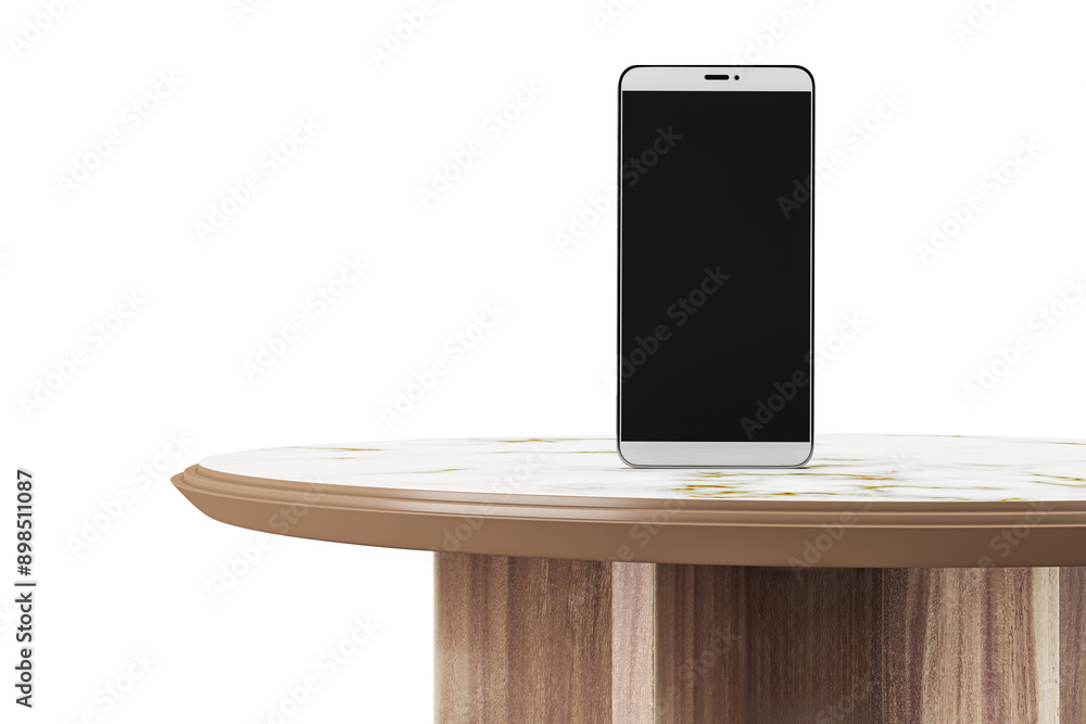 Poster Smartphone with blank screen standing on a round marble table. The background is white. The image is ideal for tech product mockups and presentations. 3D Rendering