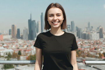 Fototapeta premium portrait of a smiling woman wearing blank black t-shirt mockup on blurred morning city background