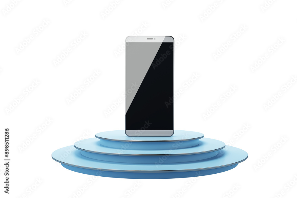 Poster a smartphone displayed on a blue, tiered podium. clean, minimalist design in front view, against a w