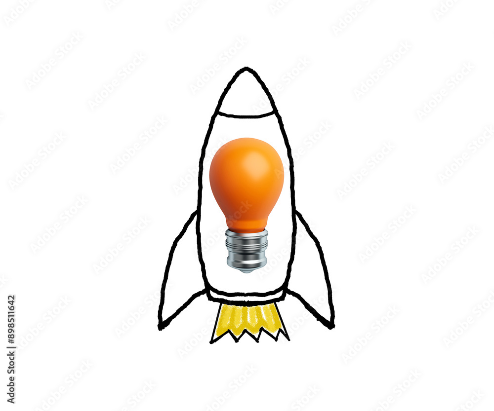 Poster Image of an orange lightbulb positioned inside the outline of a rocket. The rocket is drawn with black lines and has a white background. Concept of innovation and creativity. 3D Rendering