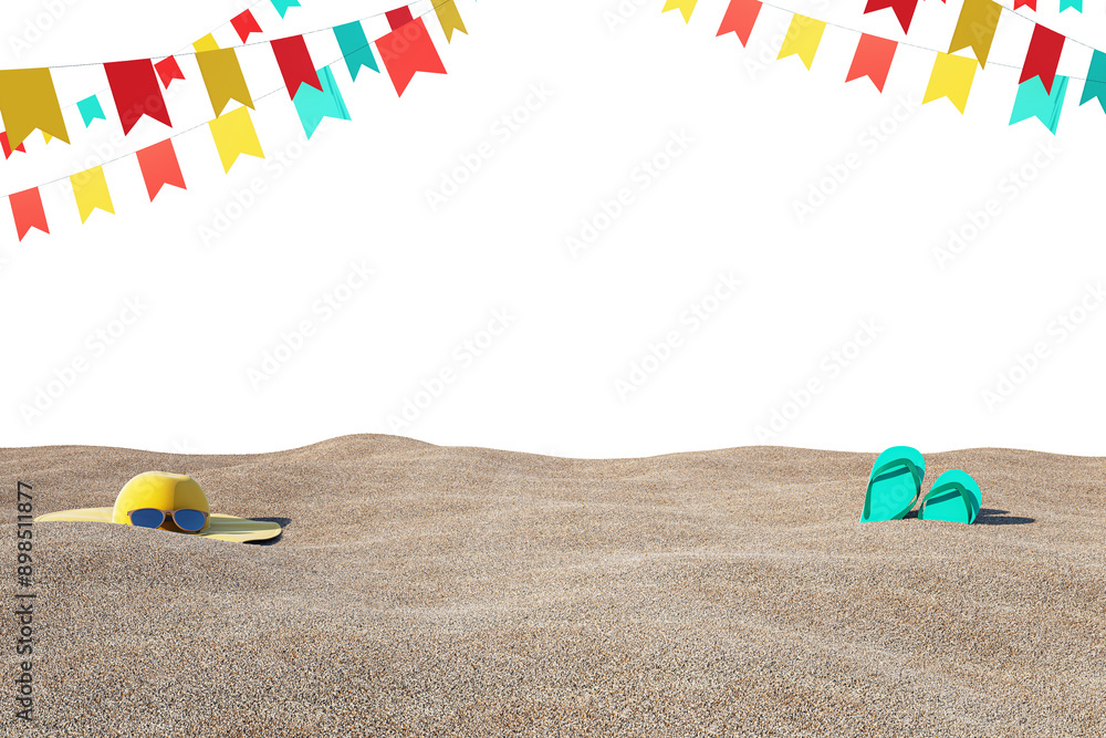 Poster Summer beach scene with colorful flags on a white background. 3D Rendering