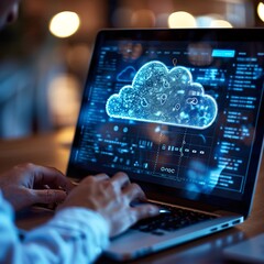 a close up of hand uploading data to the cloud of the internet 