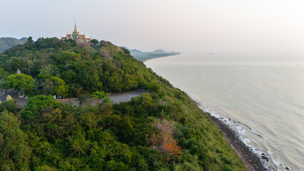 Aerial view of Thang Sai temple and sea in the morning.
