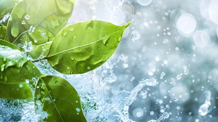 Herbal drink wave splash with mint leaves and water flow. Menthol, peppermint, match tea green foliage. Vector organic beverage 3d advertising with realistic leaves in aqua and splatters