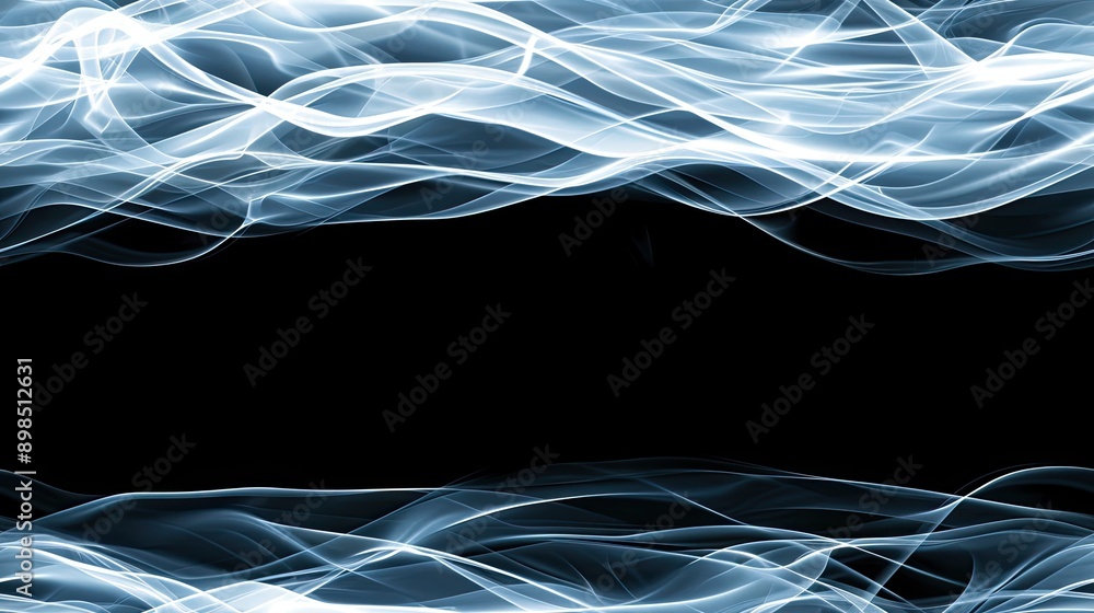 Poster abstract blue, white, and orange lines are set against a dark background. the lines appear to be wav