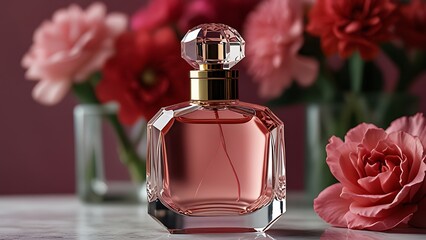 Generic luxury glass or crystal perfume bottle on a pink theme and flowers as a background, perfume mockup