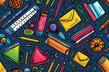 Illustration of backgrounds featuring various school supplies, such as books, pencils, rulers, and notebooks, creating an educational and vibrant theme. The background should be colorful and engaging,