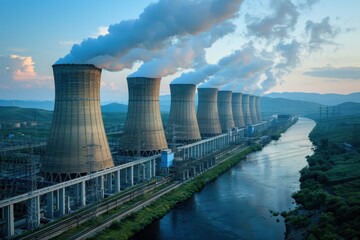 Obraz premium Industrial power plants with cooling towers emitting steam and environmental impact