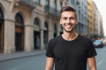 portrait of a smiling man wearing  blank white t-shirt mockup on blurred morning city background