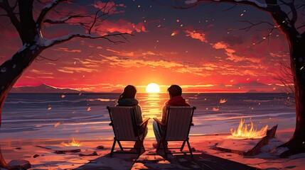 A couple sitting on chairs by the campfire