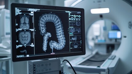 A high-definition fluoroscopy image capturing real-time movement within the digestive tract, showcasing the dynamic imaging capabilities, set in a modern radiology suite
