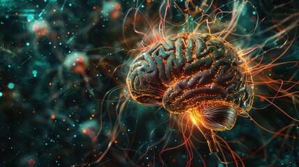 Fototapeta premium An intelligence brain image showcasing the intricate neural networks and pathways within the brain, highlighting areas of activity and connectivity, set in a research environment with advanced