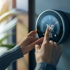Close-up of hands adjusting a smart thermostat and managing the temperature 