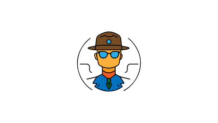 cartoon scout character in blue suit, glasses and brown hat chef illustration in vector on white background