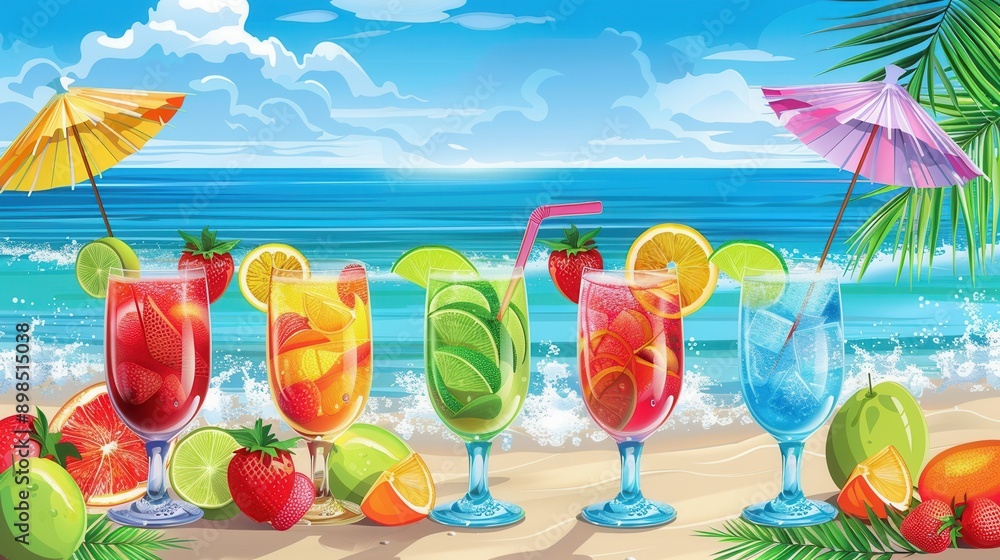 Poster Five colorful cocktails garnished with fruit and umbrellas rest on a sandy beach with the ocean and palm trees in the background. Generative AI