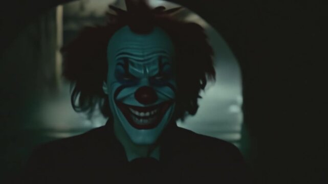 Scary monster smiling clown walking towards camera in a flooded cellar. Cinematic horror movie clip. Halloween, nightmare theme. Danger, fear concept.