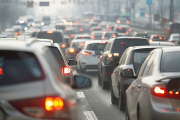 Gridlocked City: Massive Traffic Jam Causing Air Pollution with Visible Car Emissions